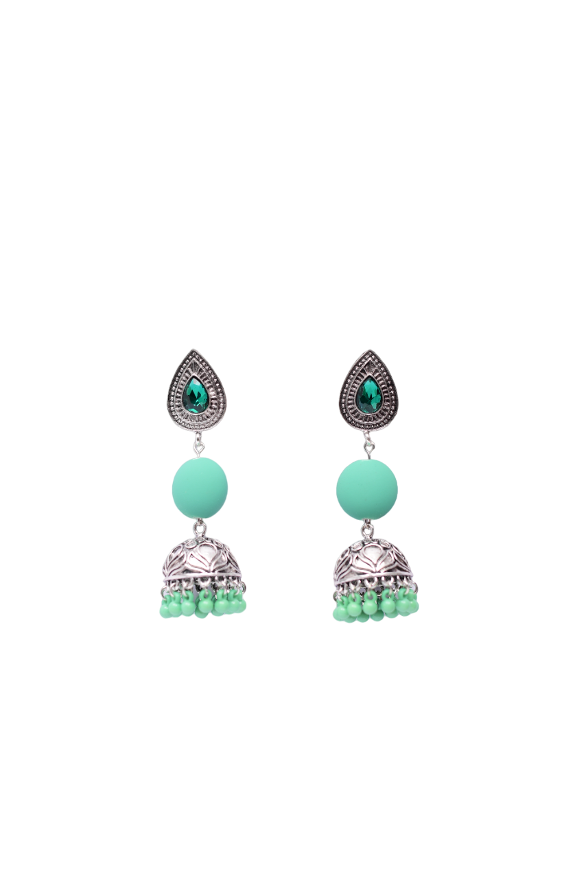 Namokriti Vintage Oxidized Silver Teardrop Bell-Shaped Jhumkas with Green Bead Accents
